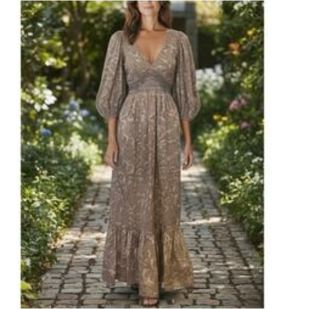 Patrons of Peace Floral Maxi Dress Medium 8 10 Womens Bohemian Boho Tan Brown